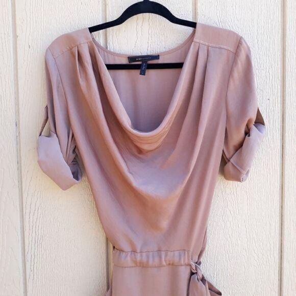 BCBGMaxAzria Alex Cowl Neck Dress Short Sleeve Belted Peasant Satin Rose Gold M - Picture 4 of 14